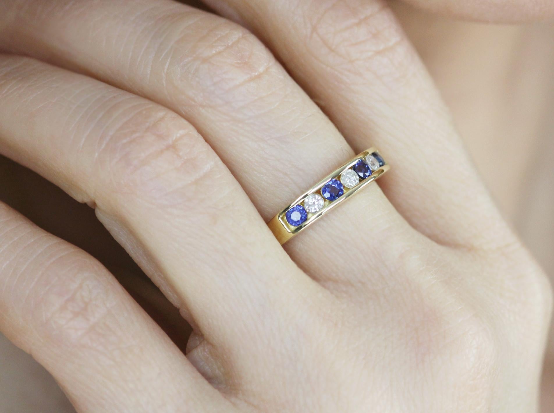 Retro Sapphire and diamond half eternity channel set ring in 18ct yellow gold For Sale