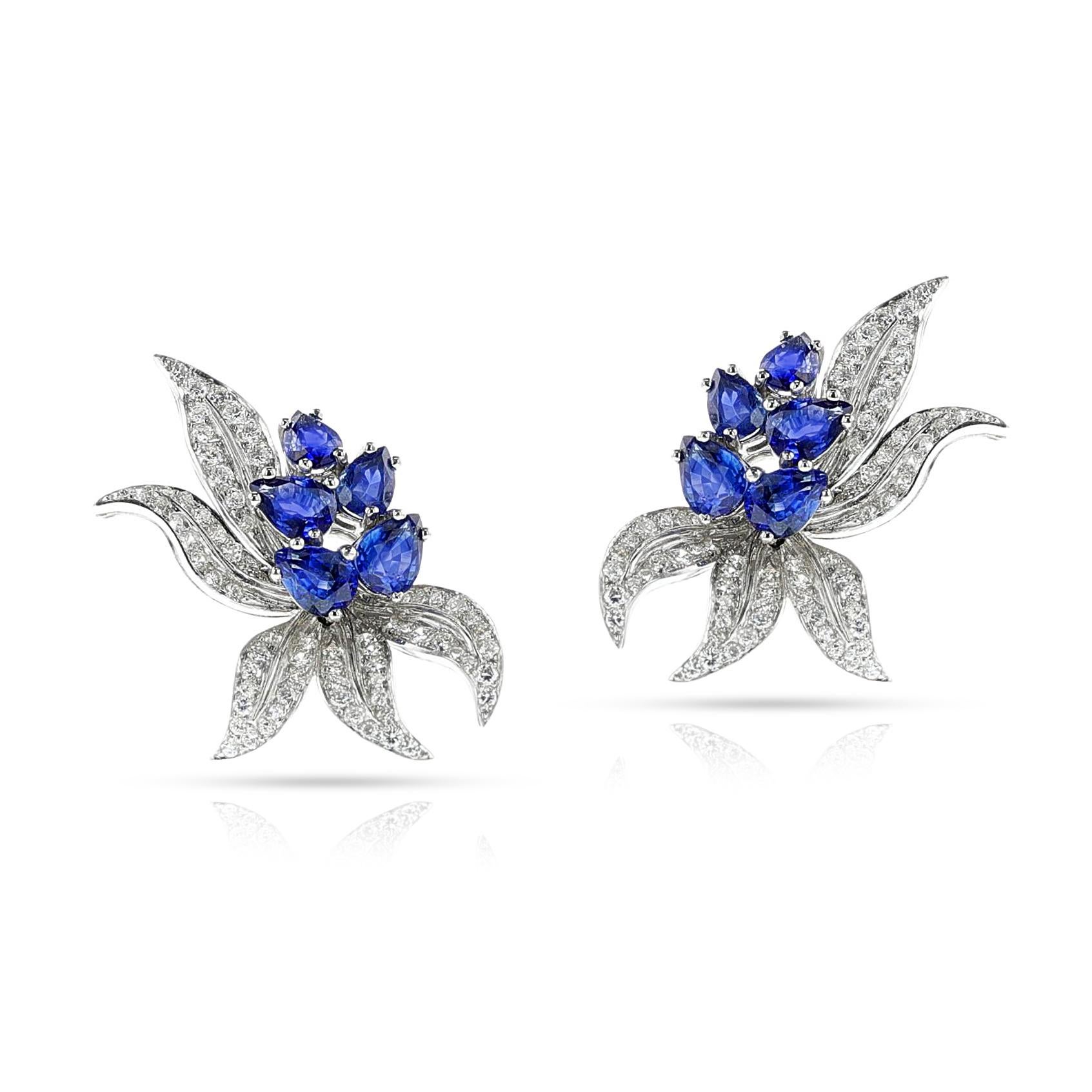 Mixed Cut Sapphire and Diamond Half-Flower Earrings, 18k For Sale