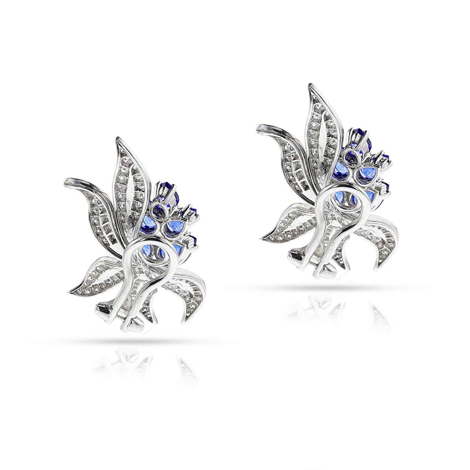Sapphire and Diamond Half-Flower Earrings, 18k In Excellent Condition For Sale In New York, NY