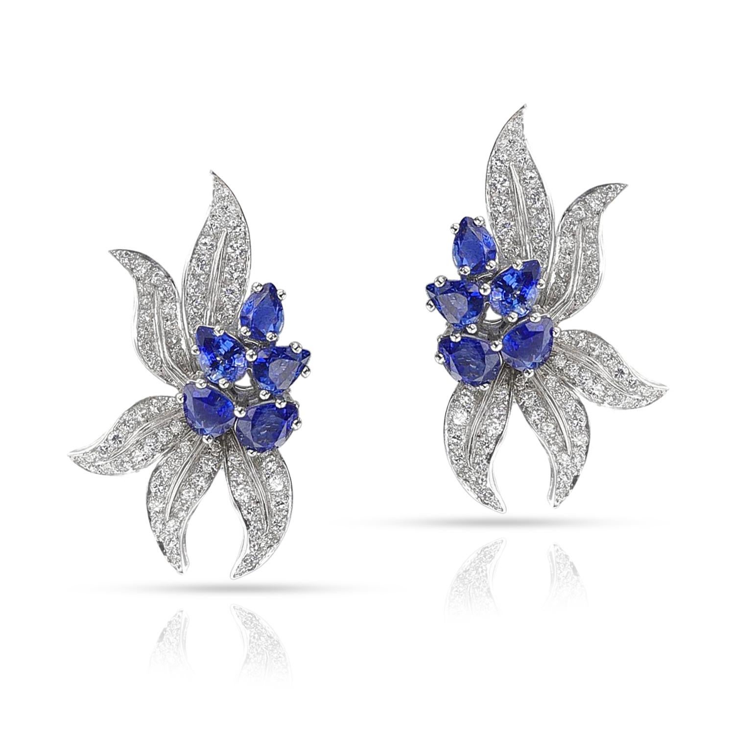 Women's or Men's Sapphire and Diamond Half-Flower Earrings, 18k For Sale