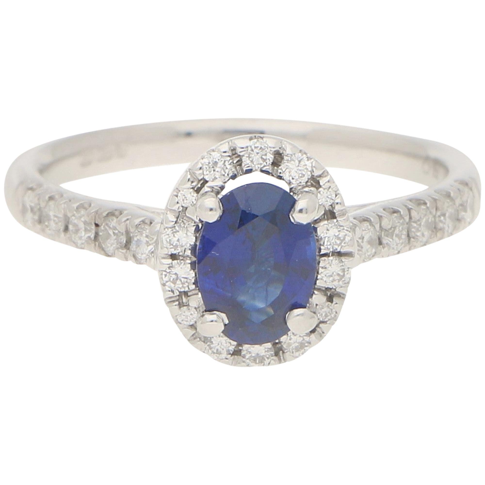 Sapphire and Diamond Halo Cluster Engagement Ring Set in 18 Karat White Gold