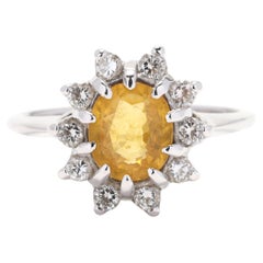 Bague cocktail saphir et diamant halo, or blanc 14k, taille 5.75