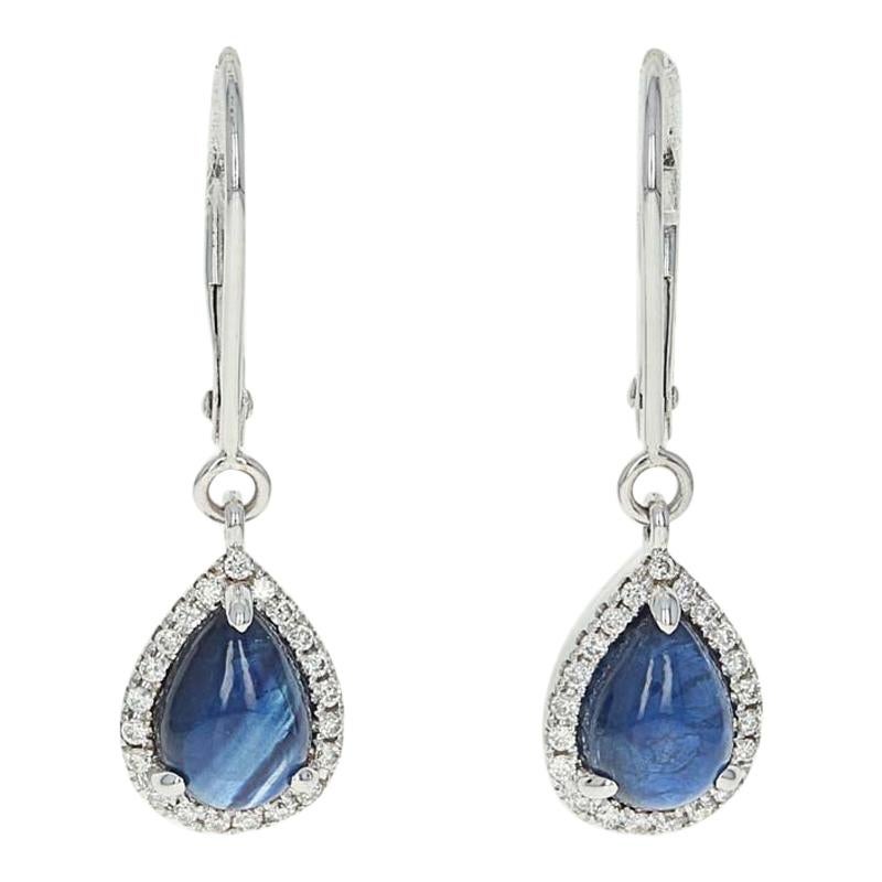 Sapphire and Diamond Halo Earrings, 14 Karat White Gold Drop Pierced 2.55 Carat