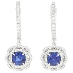 Sapphire and Diamond Halo Earrings 14 Karat White Gold Floral Pierced 2.13 Carat