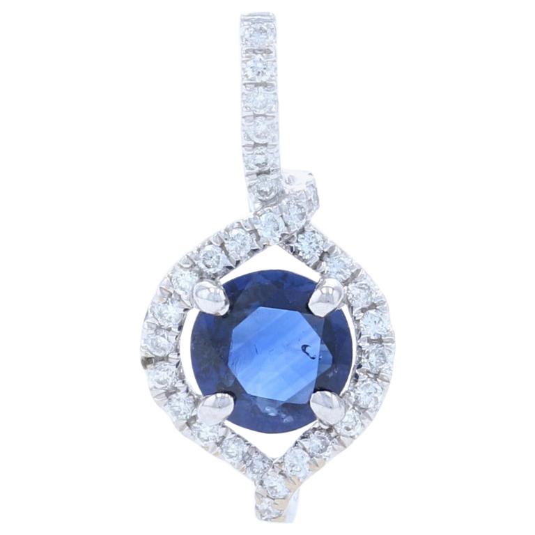 Sapphire and Diamond Halo Pendant, 14 Karat White Gold Round Cut .62 Carat For Sale