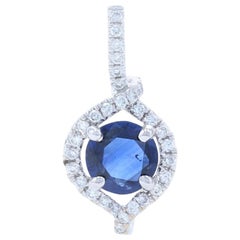 Sapphire and Diamond Halo Pendant, 14 Karat White Gold Round Cut .62 Carat