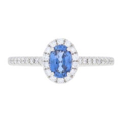 Sapphire and Diamond Halo Ring, 14 Karat White Gold Engagement .88 Carat