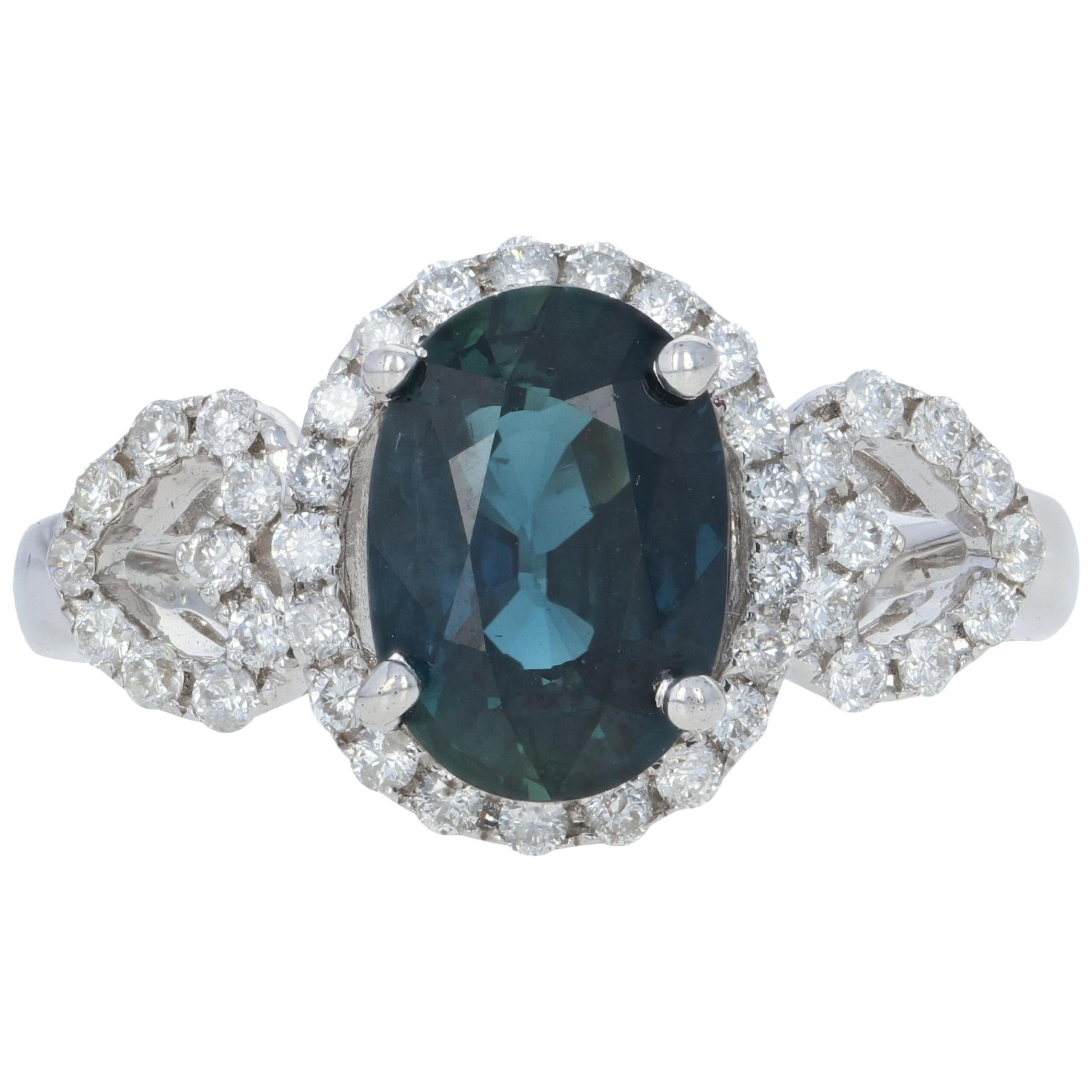 Sapphire and Diamond Halo Ring, 18 Karat White Gold Oval Cut 2.41 Carat