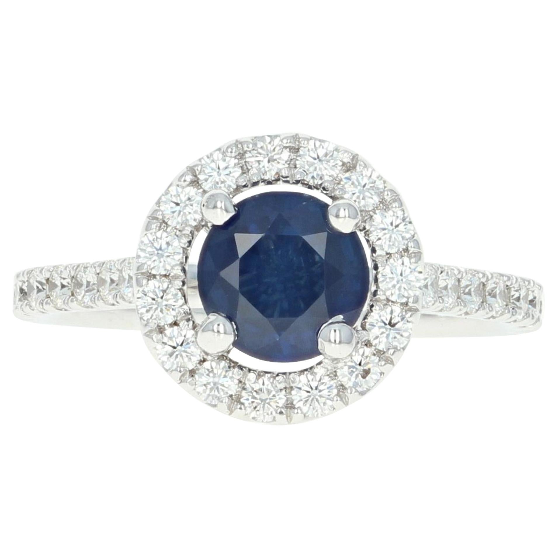 Sapphire and Diamond Halo Ring, 18 Karat White Gold Round Cut 1.82 Carat