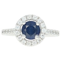 Vintage Sapphire and Diamond Halo Ring, 18 Karat White Gold Round Cut 1.82 Carat