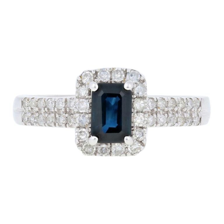 Sapphire and Diamond Halo Ring, 18 Karat White Gold Women's .75 Carat For Sale