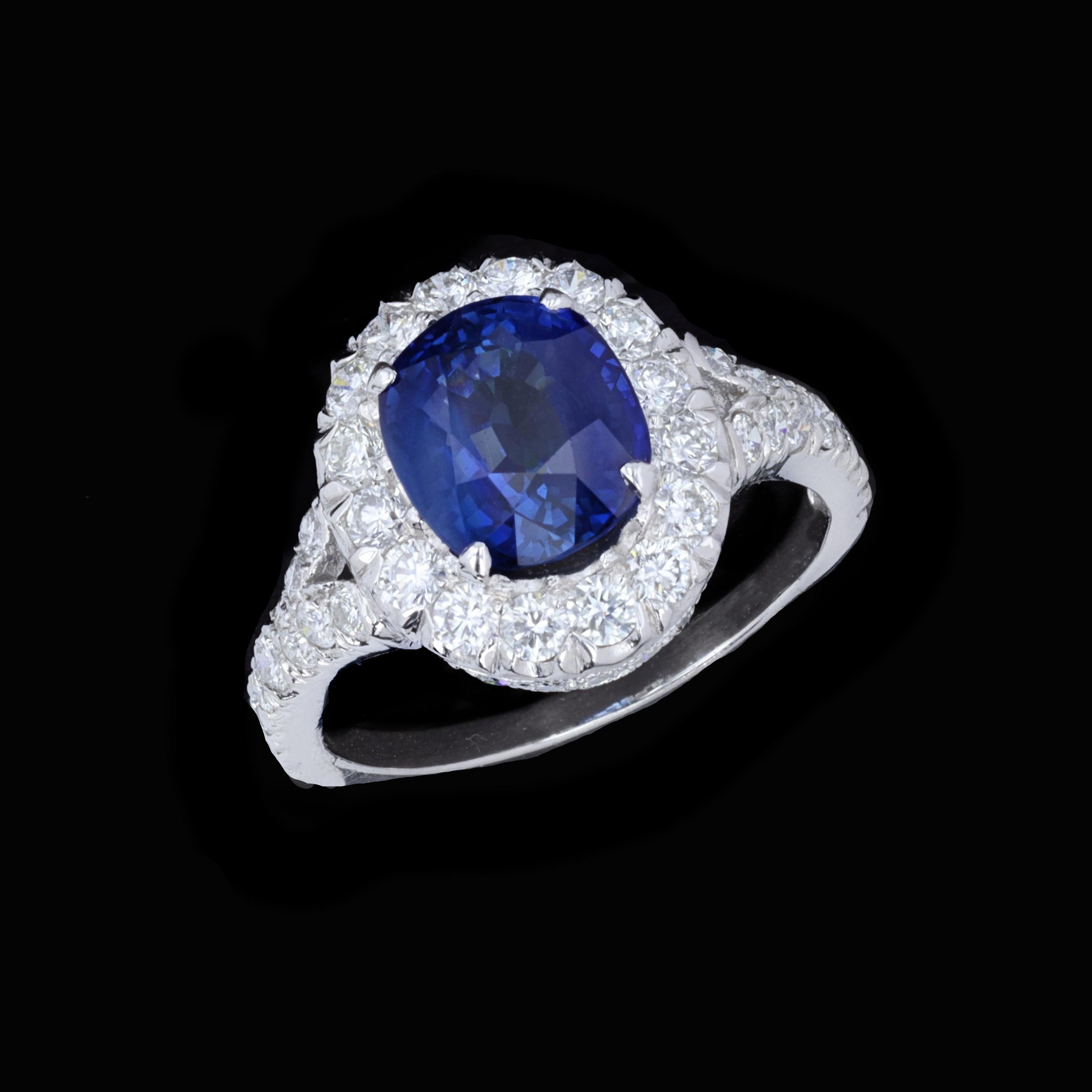 Graceful elegance is surrounded by a glittering circle of glamour in this stunning combination of sapphire and diamonds. This platinum sapphire and diamond halo ring contains one oval cut blue sapphire 3.52 ctw and 56 round brilliant cut diamonds