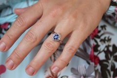 Sapphire and diamond Halo ring. Platinum Blue natural sapphire Ballerina ring