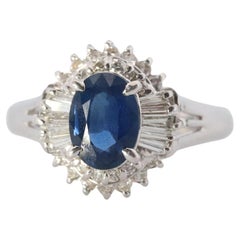 Sapphire and diamond Halo ring. Platinum Blue natural sapphire Ballerina ring