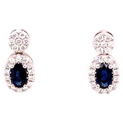 Sapphire and Diamond Halo Small Drop Earrings in 14K White Gold