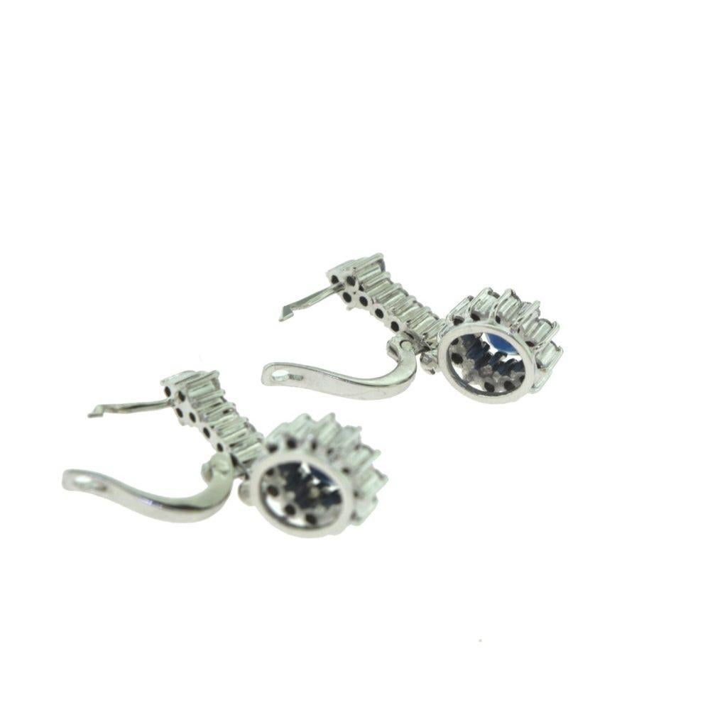 Women's or Men's Sapphire and Diamond Halo Small Round White Gold Drop Dangle Earrings