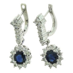 Sapphire and Diamond Halo Small Round White Gold Drop Dangle Earrings