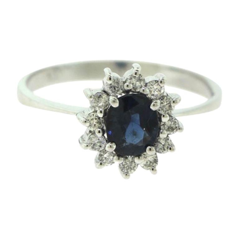 Sapphire and Diamond Halo Small Round White Gold Ring