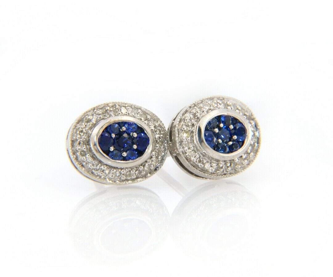 Round Cut Sapphire and Diamond Halo Stud Earrings in 14K White Gold For Sale