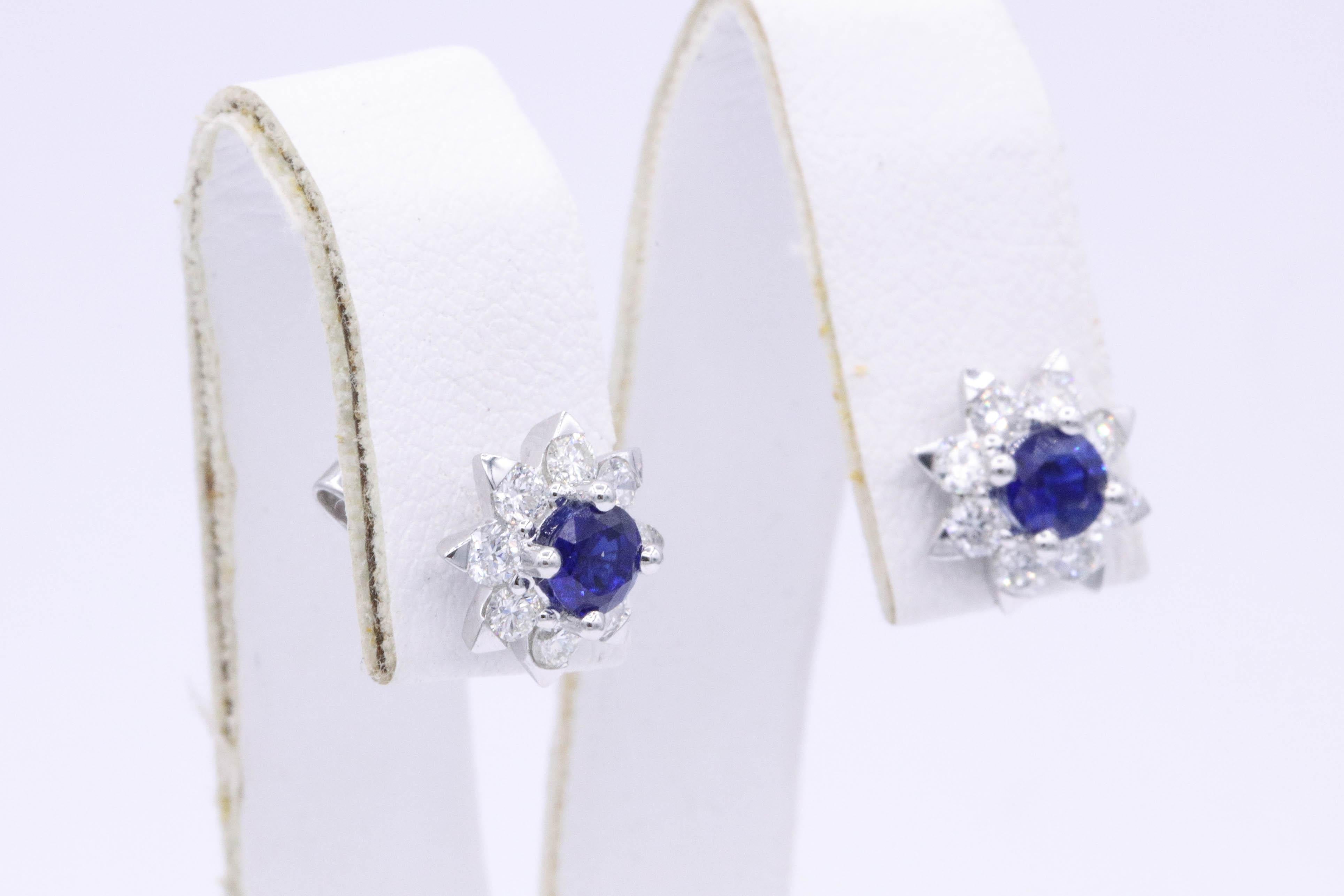 Round Cut Sapphire and Diamond Halo Studs Earrings