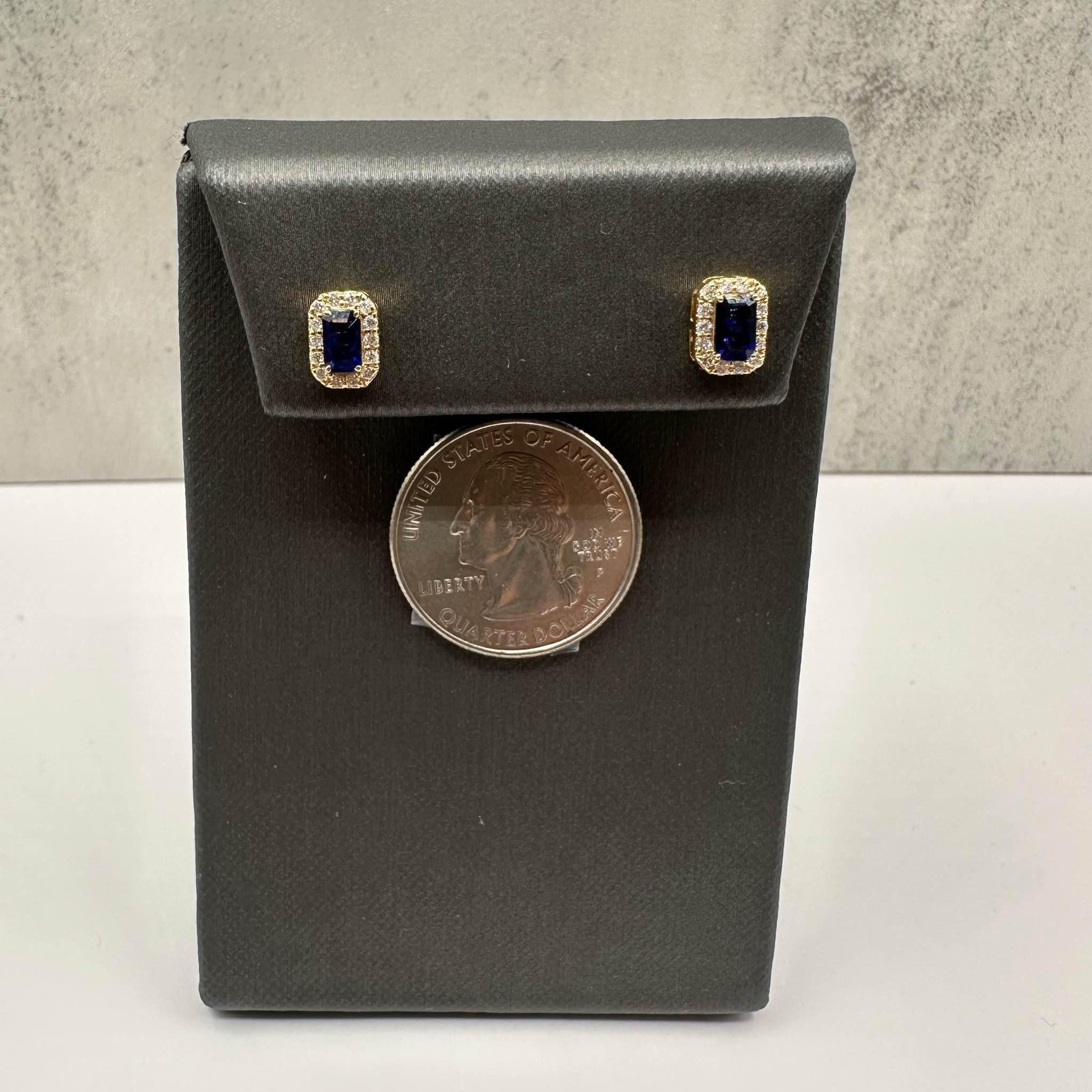 Sapphire and Diamond Halo Studs in 14kt Yellow Gold - 5x3mm Sapphires, New In New Condition For Sale In West Hempstead, NY