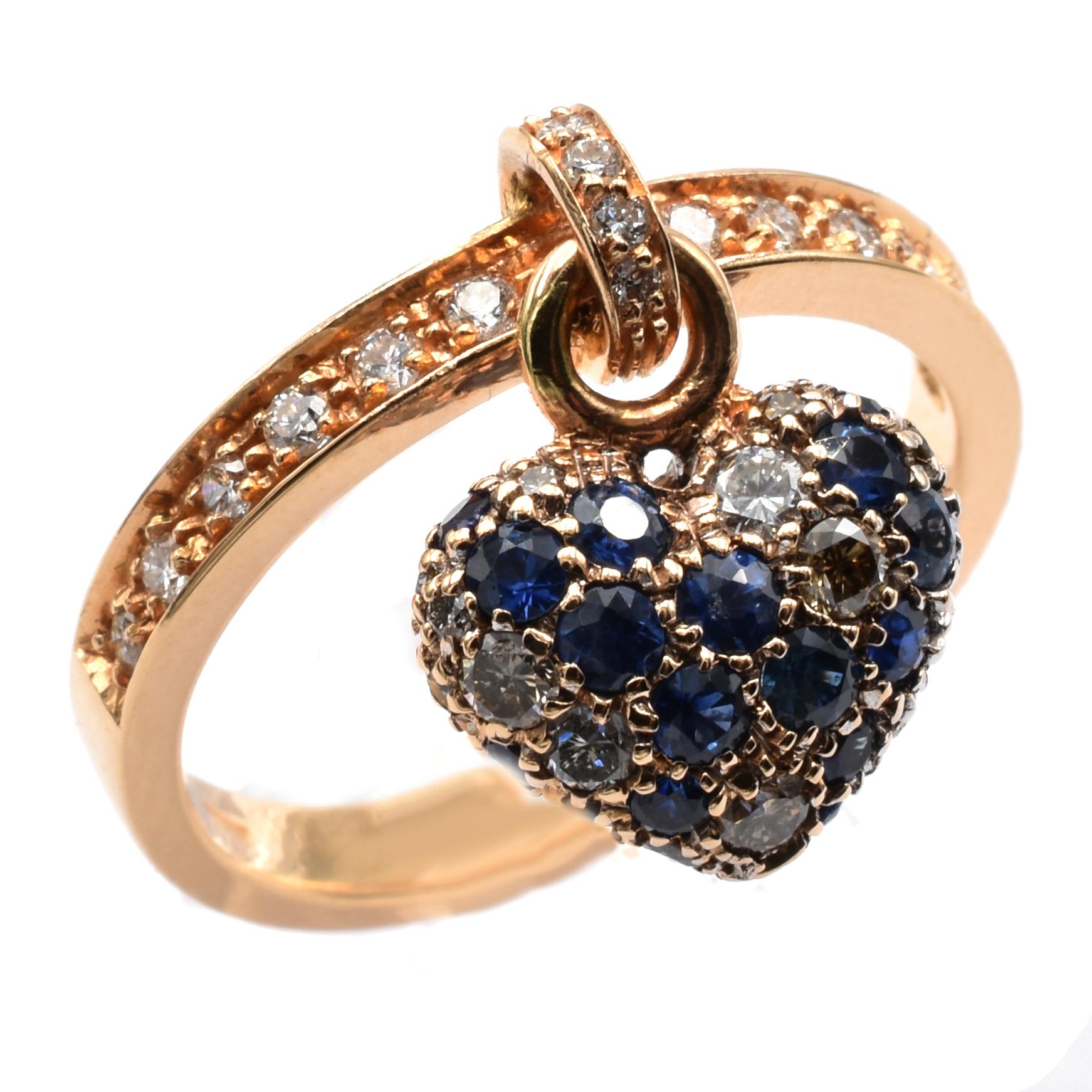 Contemporary Gilberto Cassola Sapphire and Diamond Heart Charm Ring Rose Gold, Made in Italy