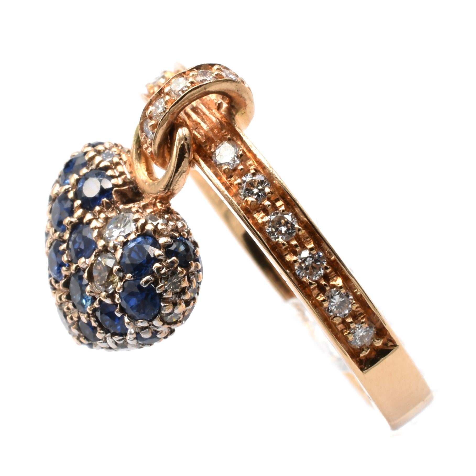 Round Cut Gilberto Cassola Sapphire and Diamond Heart Charm Ring Rose Gold, Made in Italy