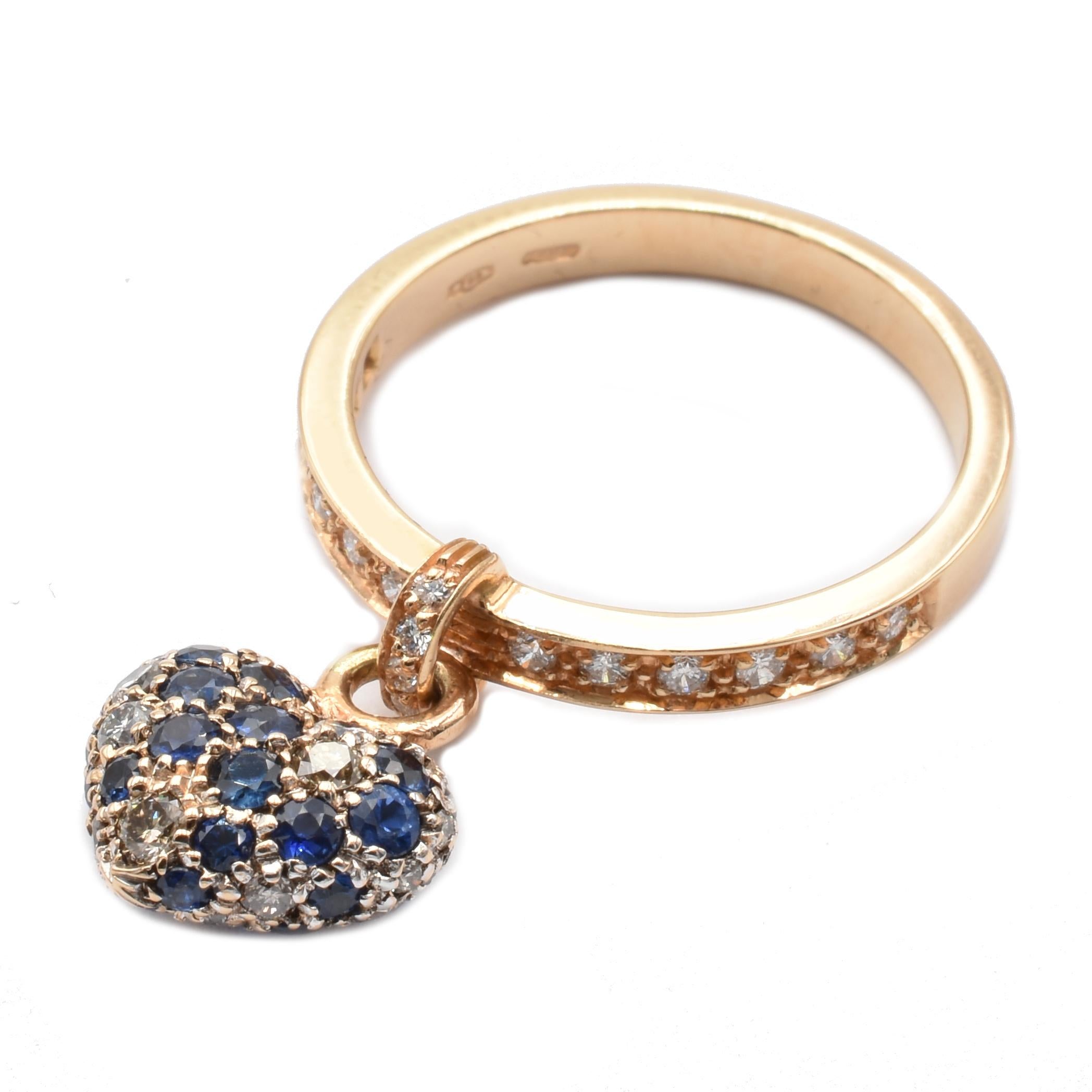 Gilberto Cassola Sapphire and Diamond Heart Charm Ring Rose Gold, Made in Italy In New Condition In Valenza, AL