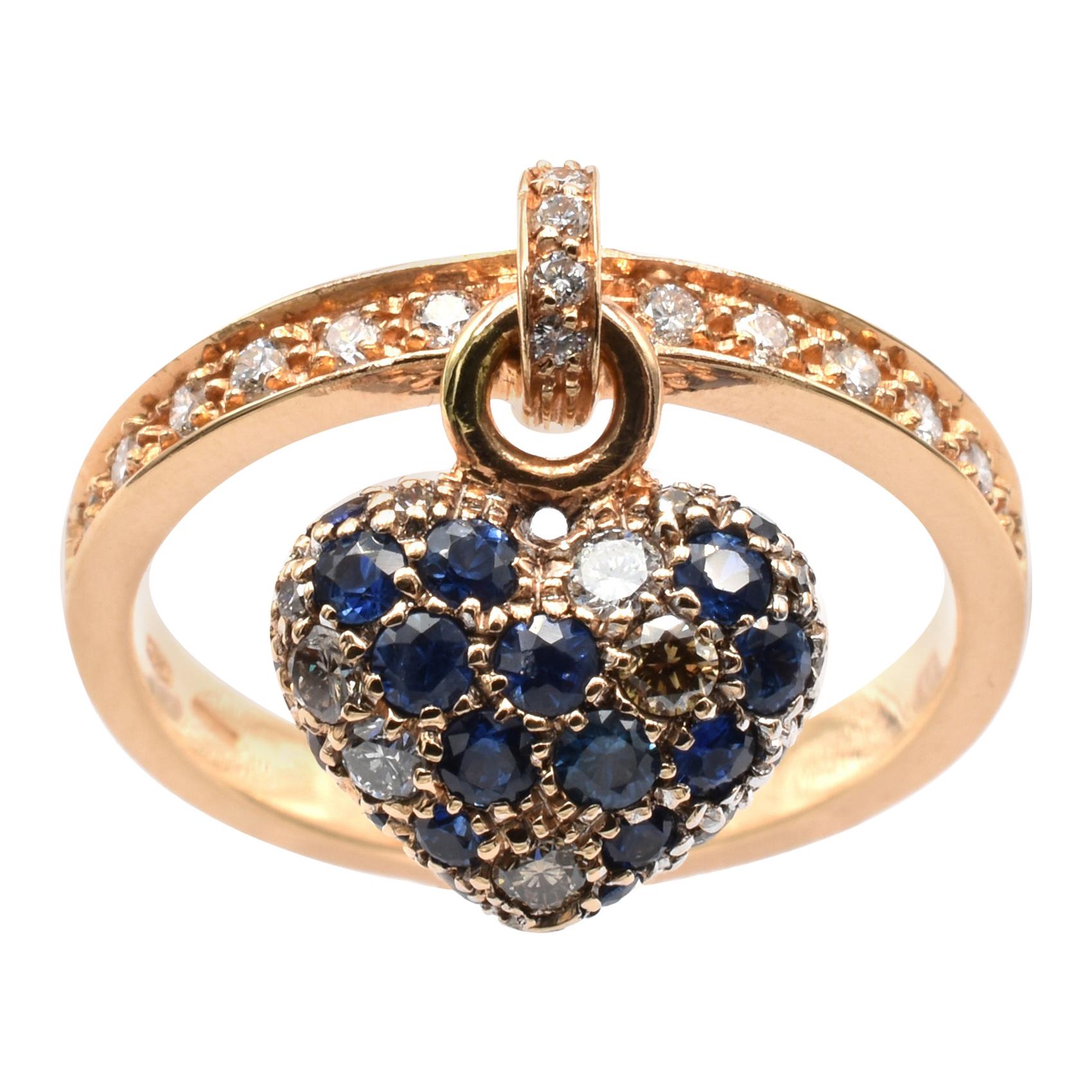 Gilberto Cassola Sapphire and Diamond Heart Charm Ring Rose Gold, Made in Italy