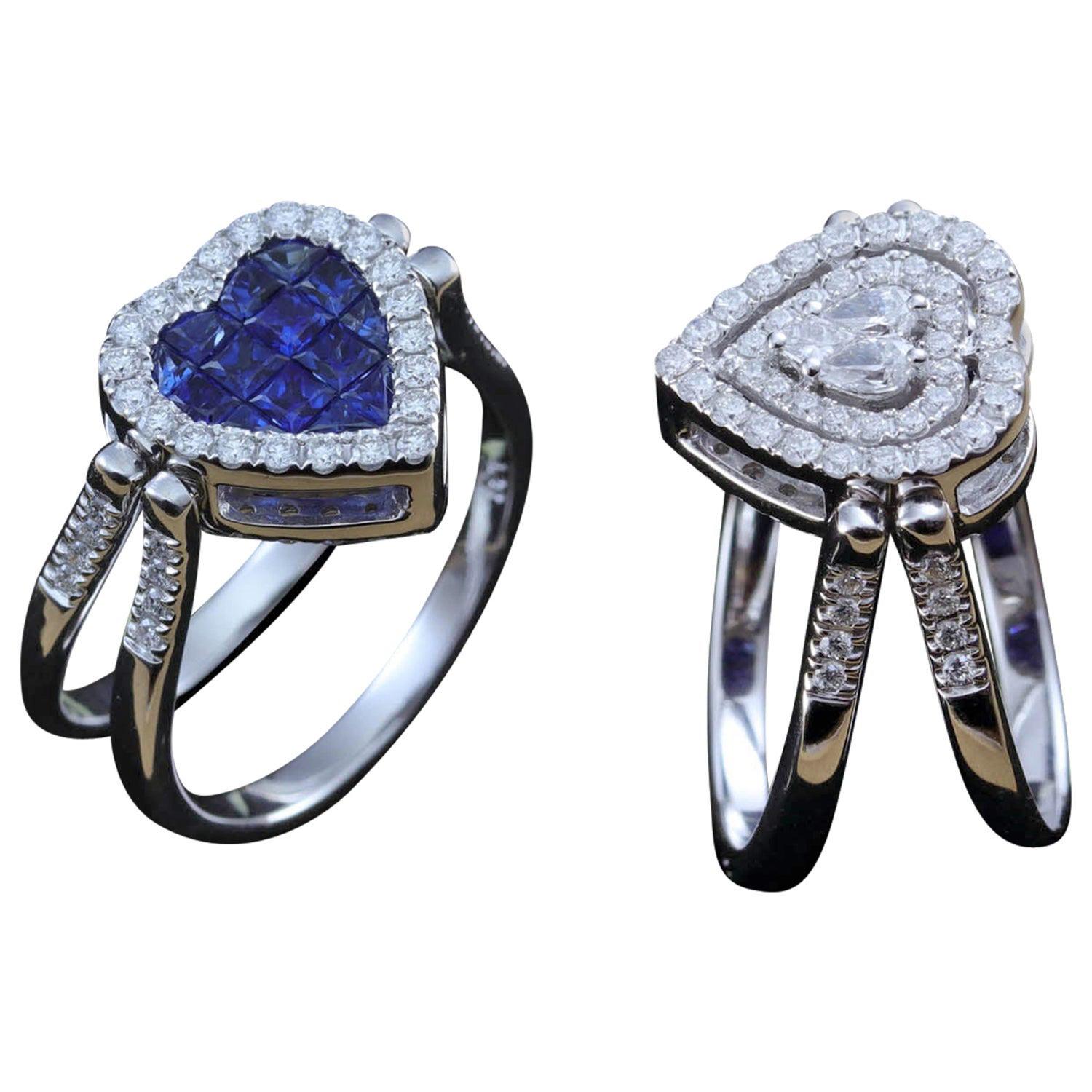 For Sale:  Sapphire and Diamond Heart Shape Flip Ring in 18 Karat Gold