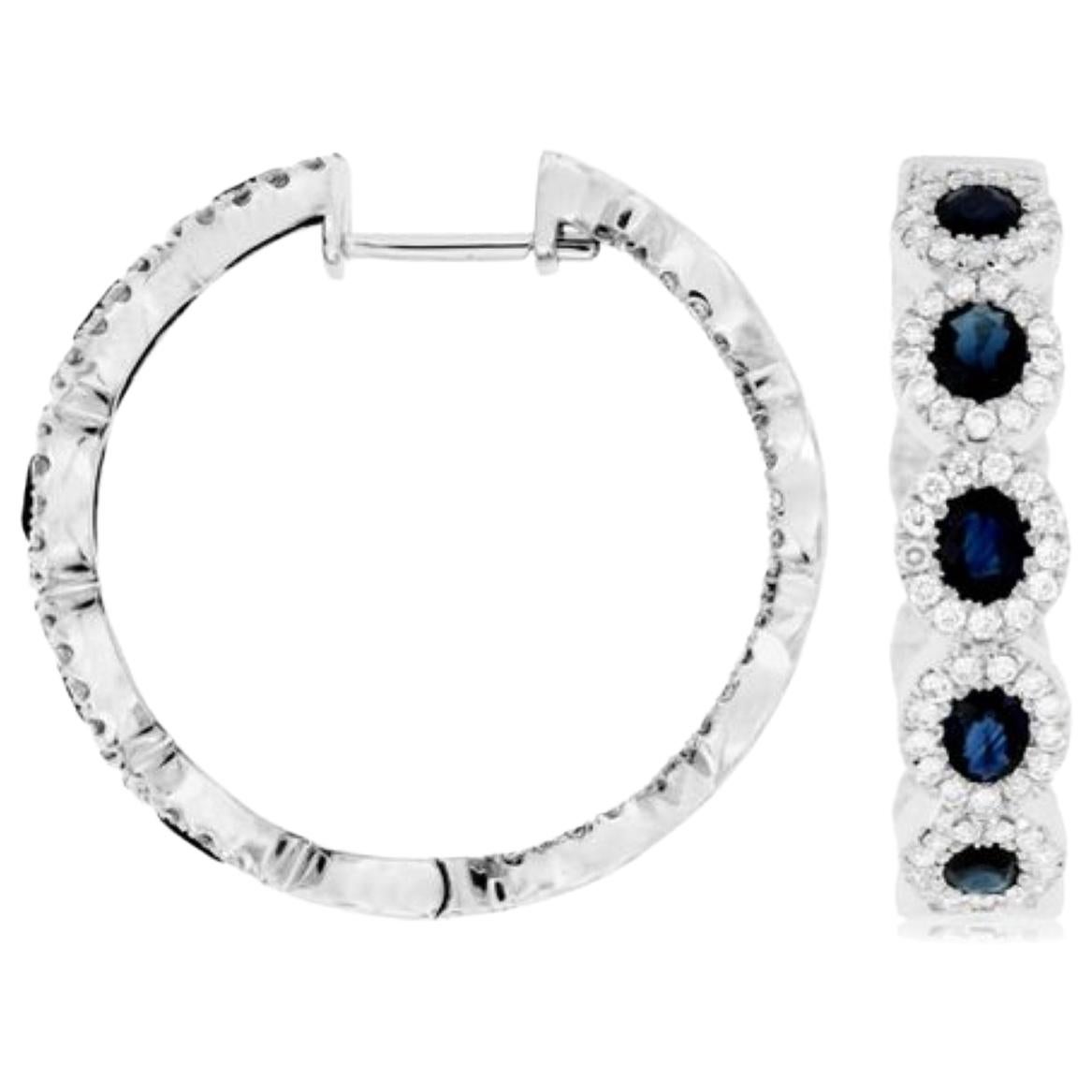 Sapphire and Diamond Hoop Earring, 2.10ct of Sapphire, 1.25 Diamonds 14kt Gold For Sale