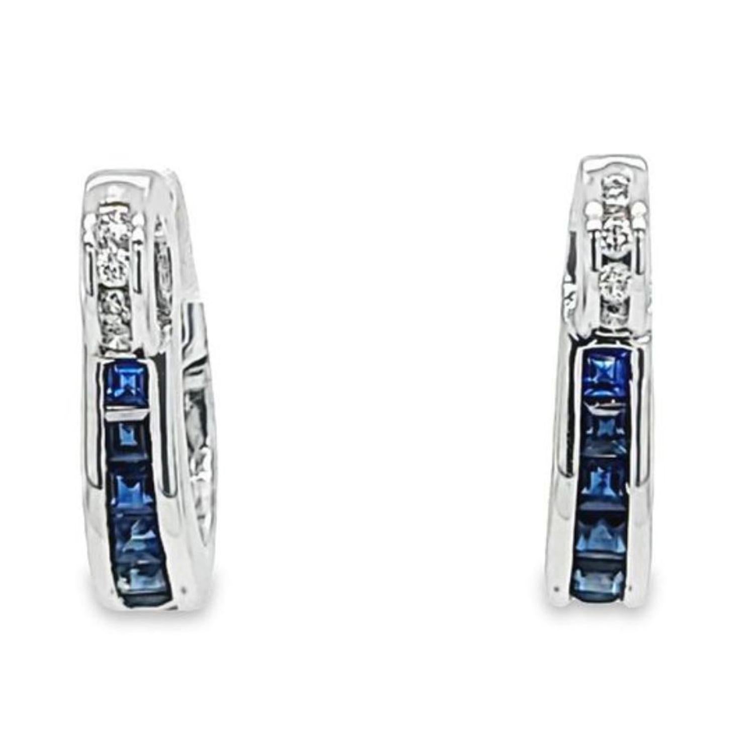 Square Cut Sapphire and Diamond Hoop Earrings