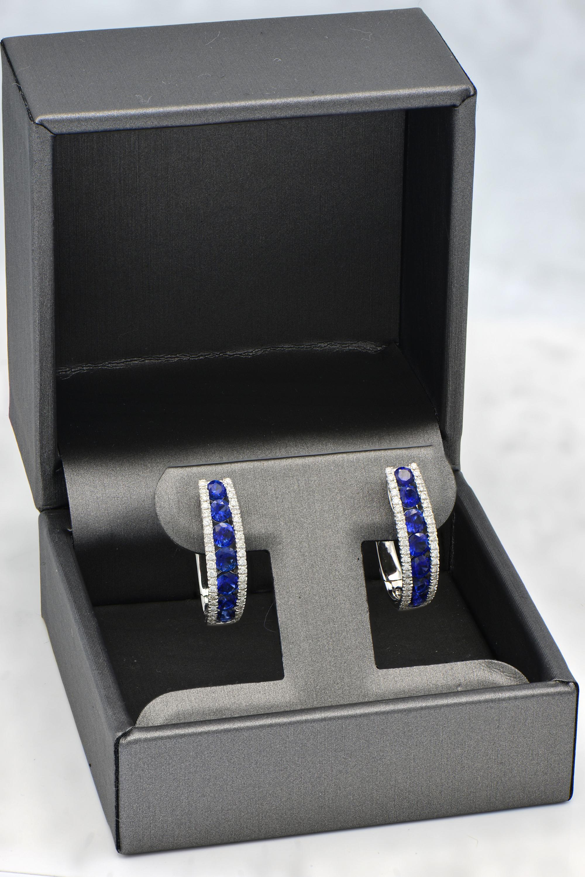 Contemporary Sapphire and Diamond Hoop Earrings For Sale