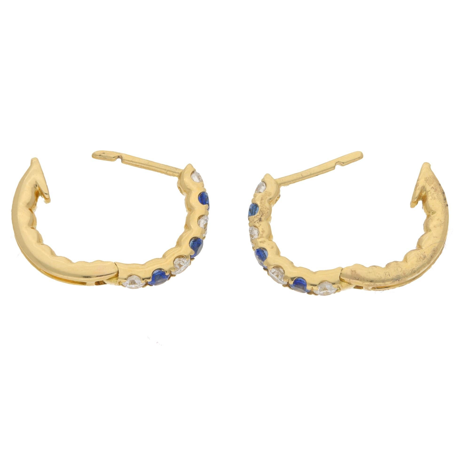 Contemporary Sapphire and Diamond Hoop Earrings Set in 18k Yellow Gold