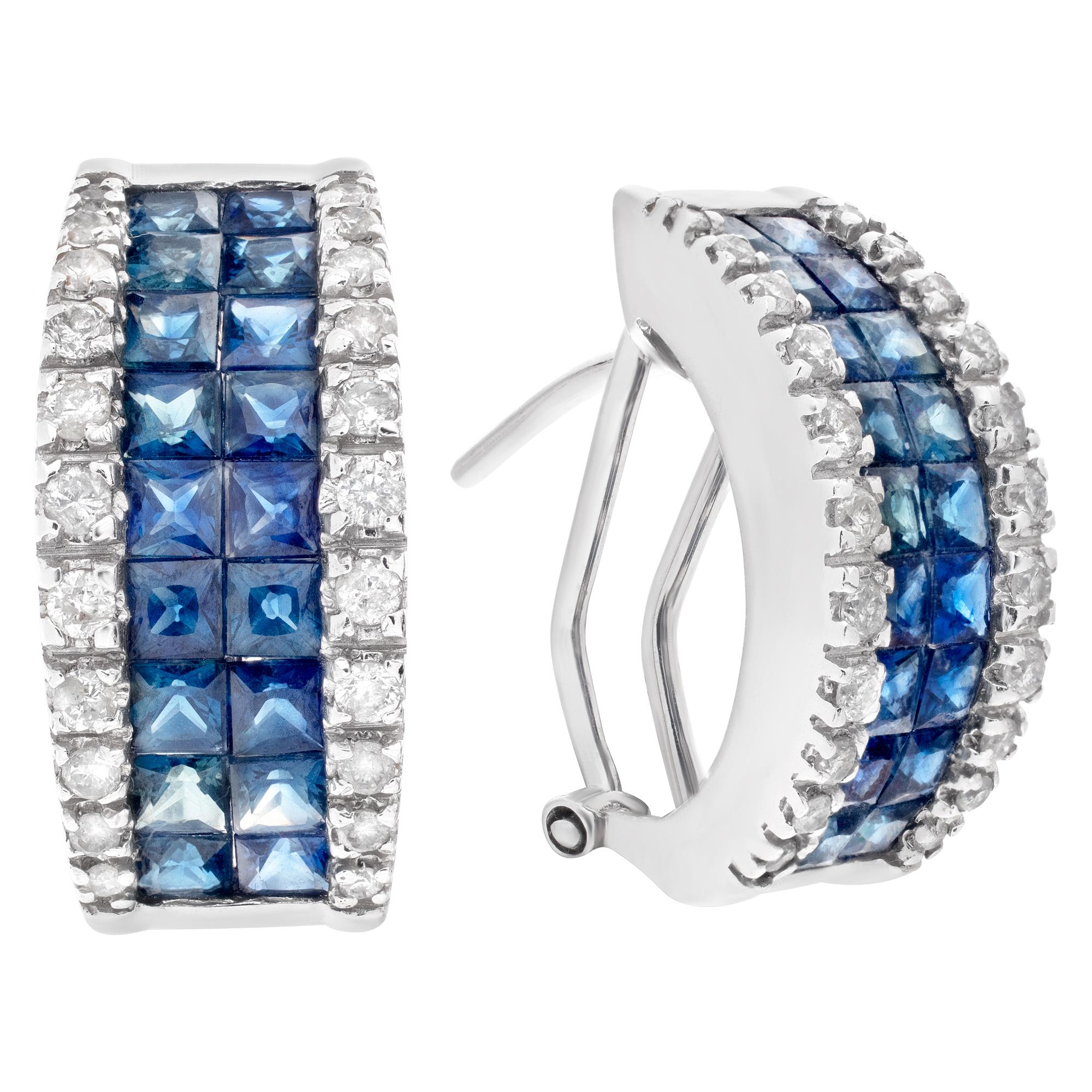 Sapphire and diamond hoops earrings set in 14k white gold. Round brilliant cut diamonds total approx. weight: 0.60 carat, estimate: G-H color, VS clarity. Invisible set princess cut Sapphire total approx weight: 2.88 carats. Measurments: 0.75 inches