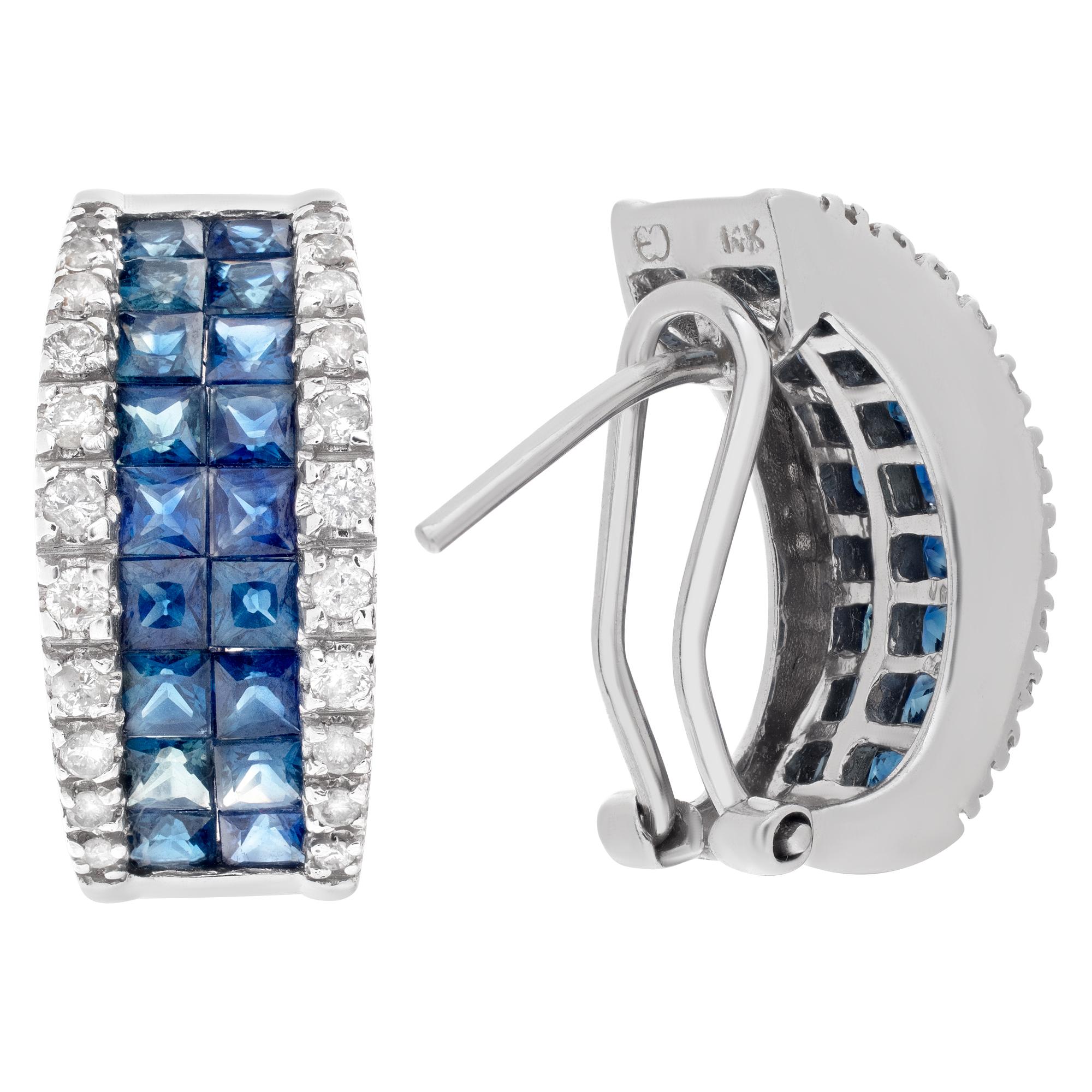 Sapphire and Diamond Hoops Earrings Set in 14k White Gold In Excellent Condition In Surfside, FL