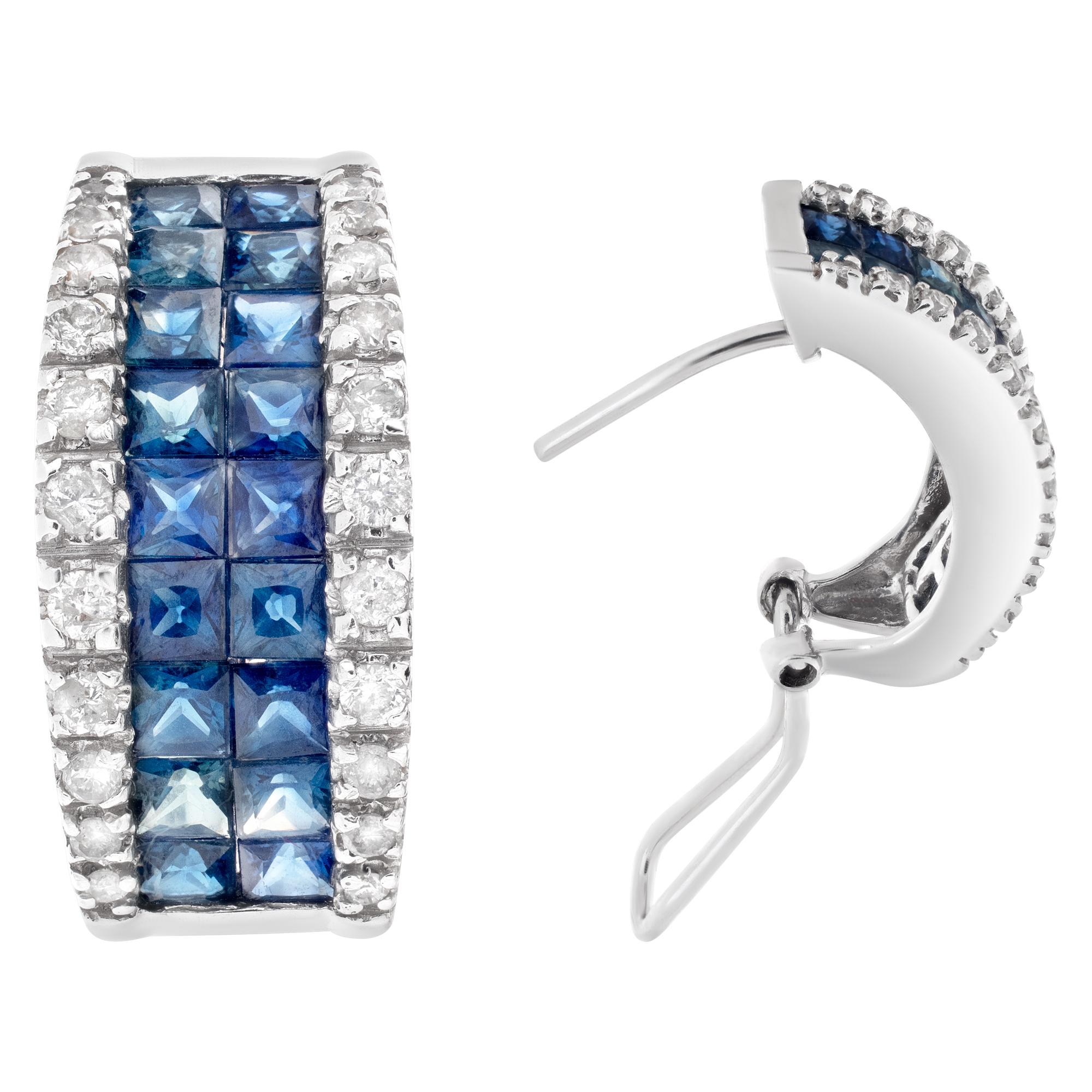 Women's Sapphire and Diamond Hoops Earrings Set in 14k White Gold