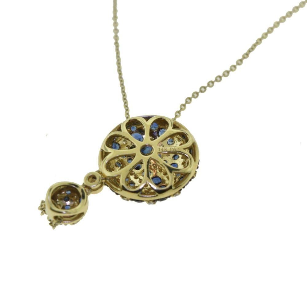 Women's or Men's Sapphire and Diamond in Yellow Gold Double Circle Drop Pendant Necklace For Sale