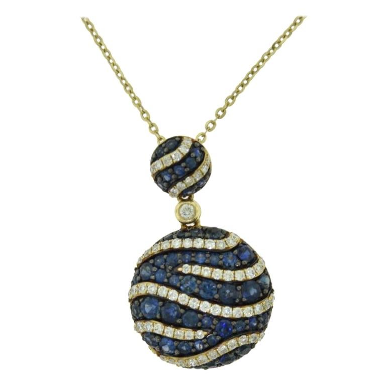 Sapphire and Diamond in Yellow Gold Double Circle Drop Pendant Necklace For Sale