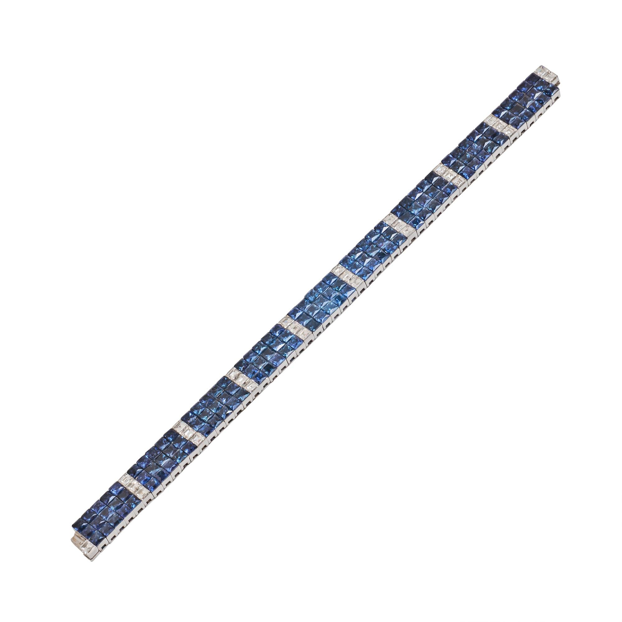 Sapphire and Diamond Invisibly Set Bracelet In Excellent Condition For Sale In Weston, MA