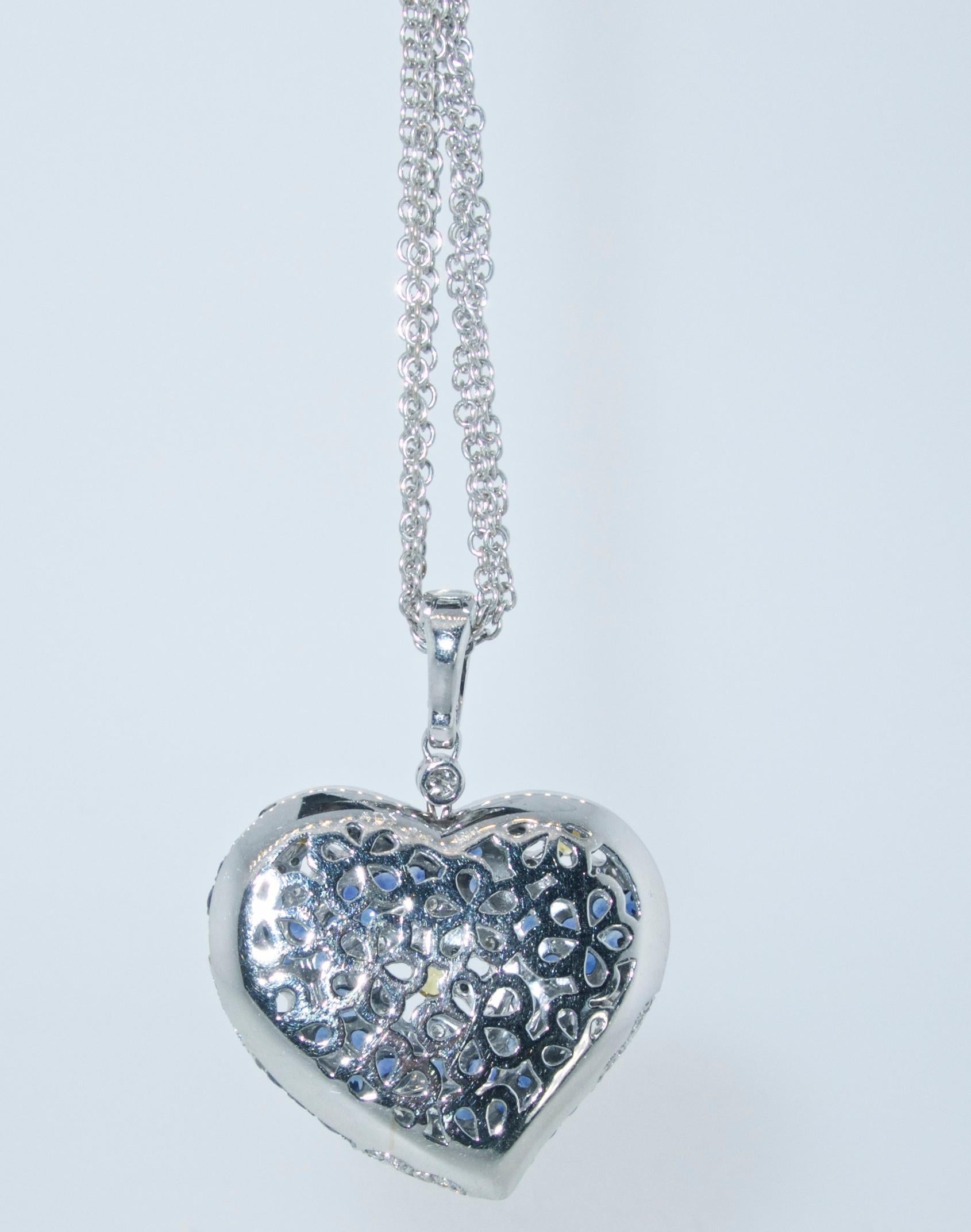 Contemporary Sapphire and Diamond Large Heart Pendant Necklace