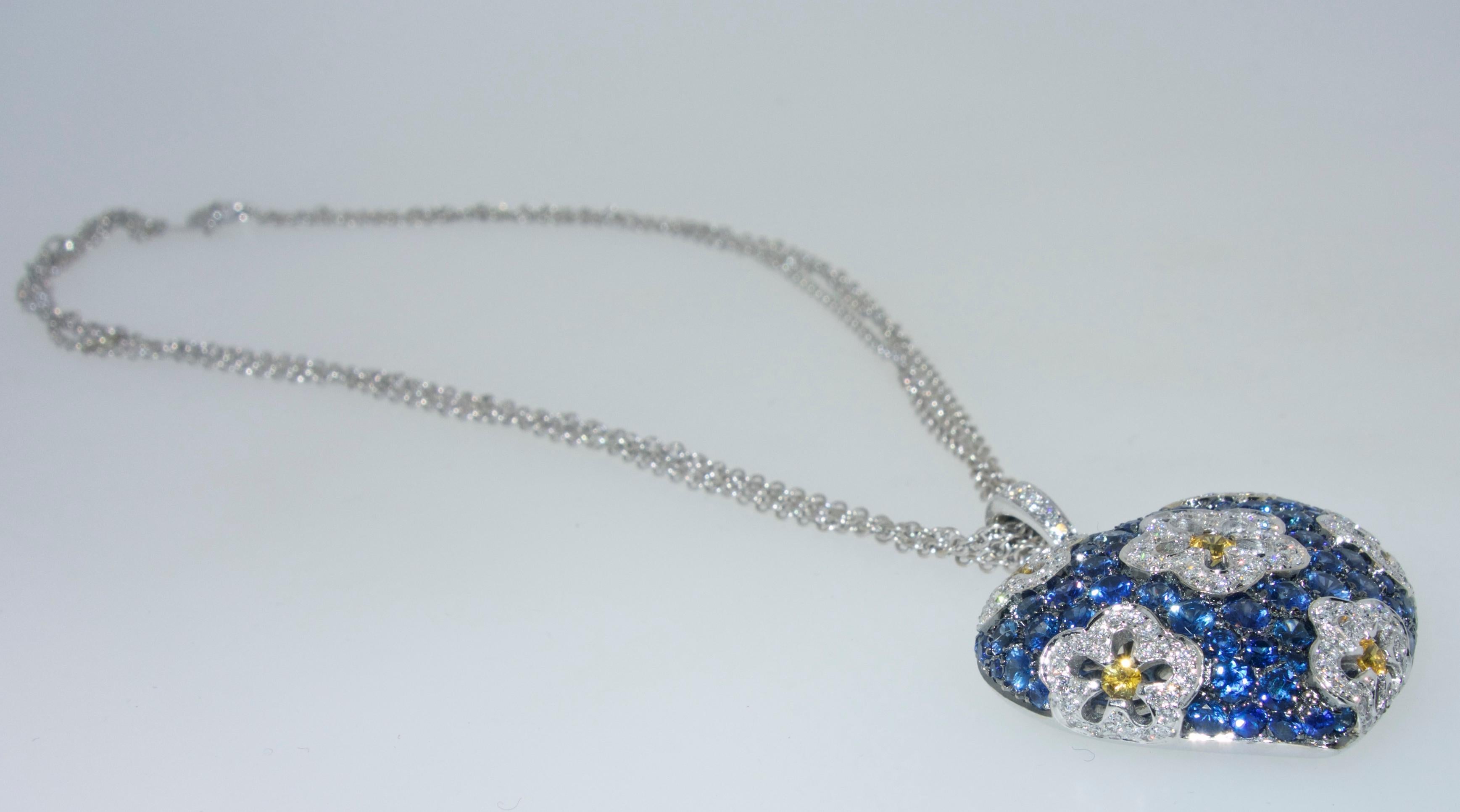 Sapphire and Diamond Large Heart Pendant Necklace In Excellent Condition In Aspen, CO
