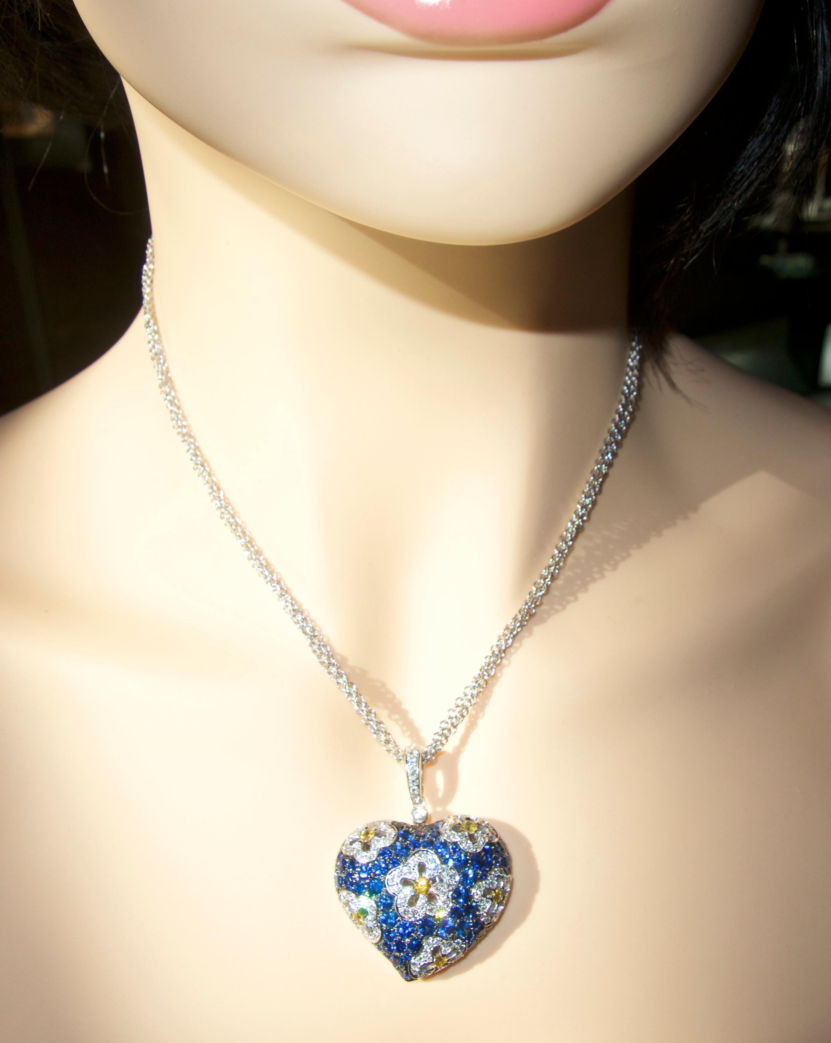 Women's or Men's Sapphire and Diamond Large Heart Pendant Necklace