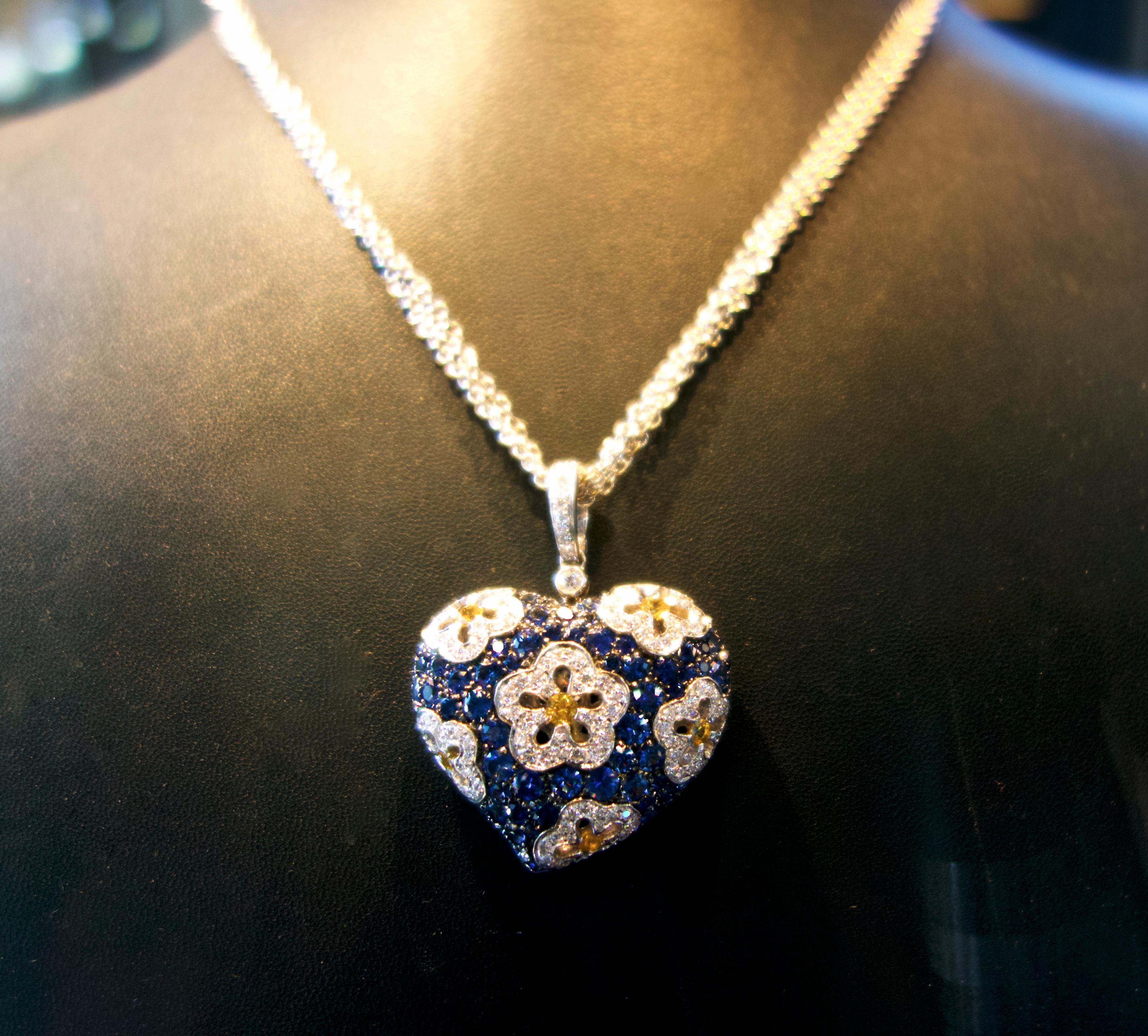 Sapphire and Diamond Large Heart Pendant Necklace 2