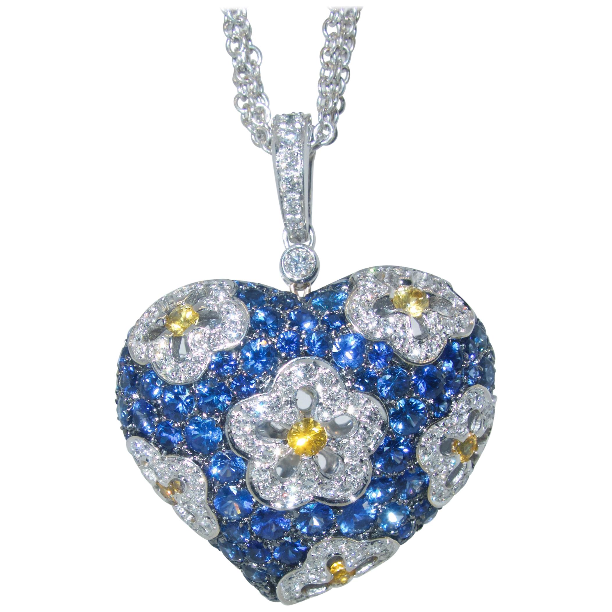 Sapphire and Diamond Large Heart Pendant Necklace