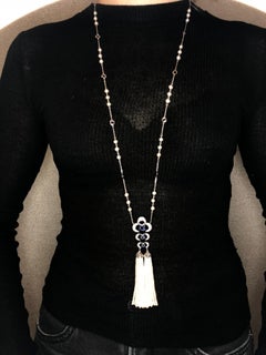 Sapphire and Diamond Lariat Tassel Necklace with Freshwater Pearls