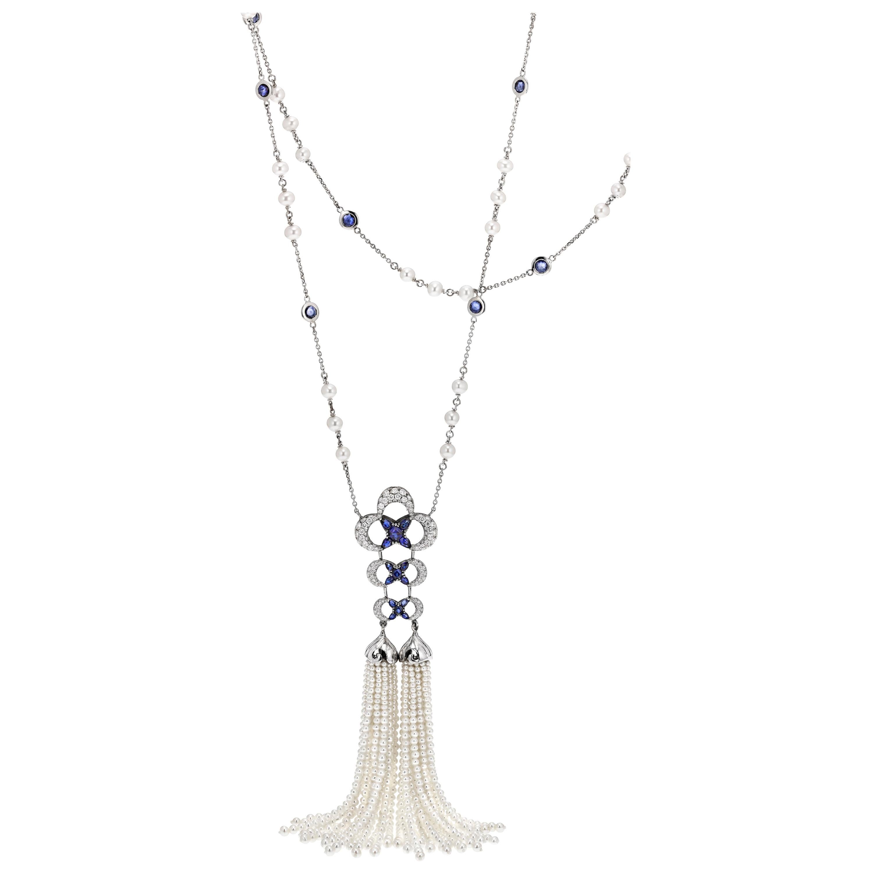 Sapphire and Diamond Lariat Tassel Necklace with Freshwater Pearls For Sale