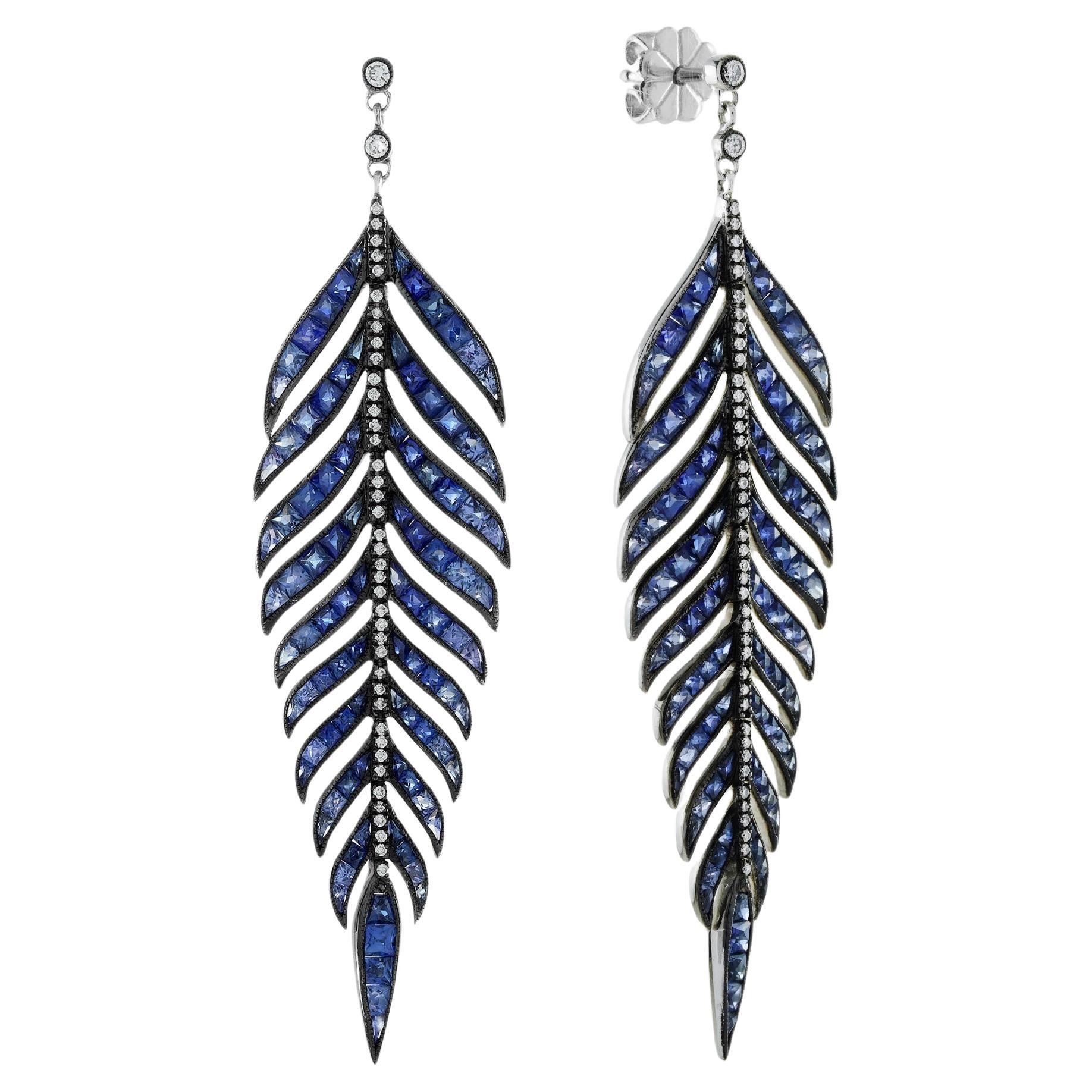 Ohrringe mit Saphir und Diamantblatt im Vintage-Stil aus 18 Karat Weißgold im Angebot