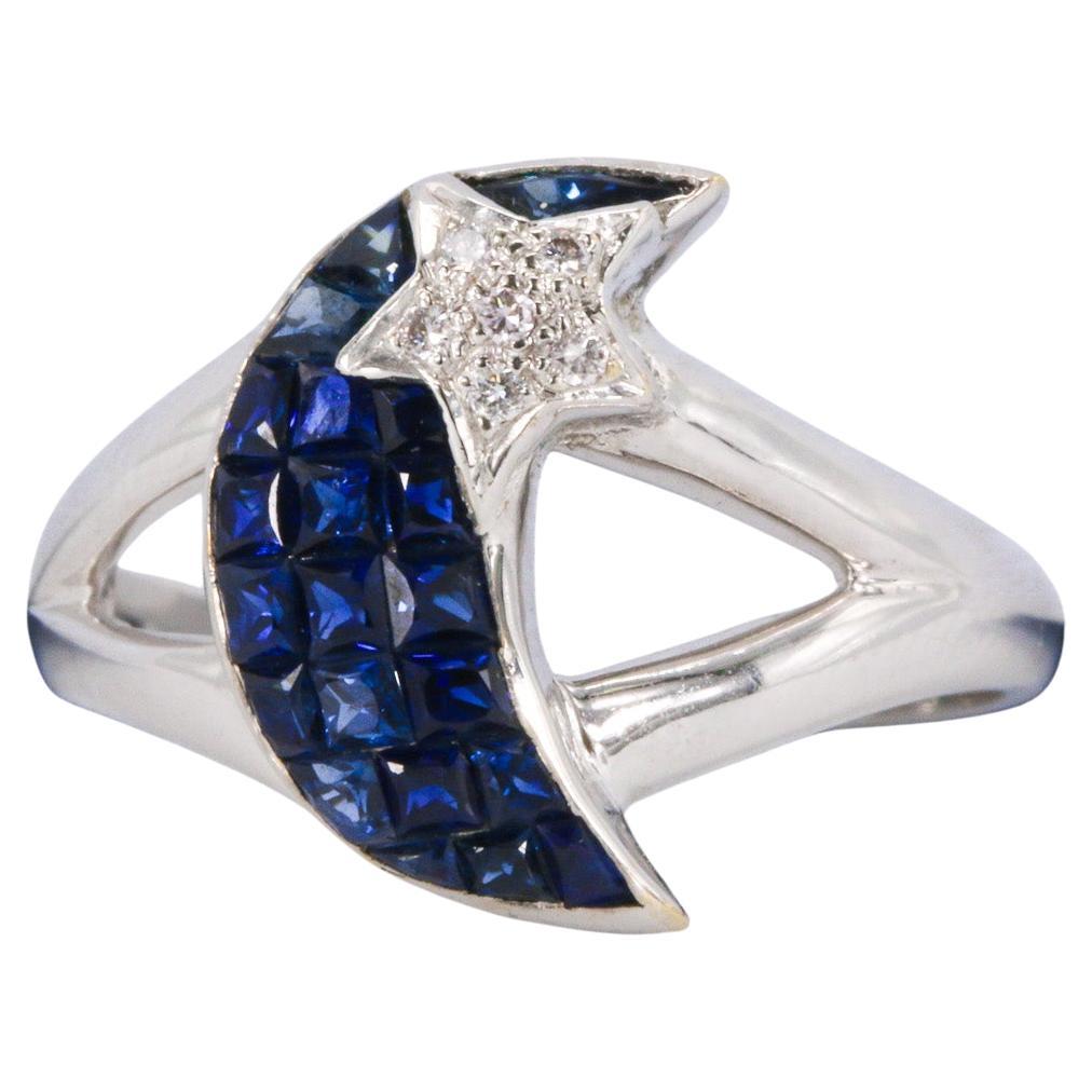 Sapphire and Diamond Moon Fashion Ring in 18k White Gold
