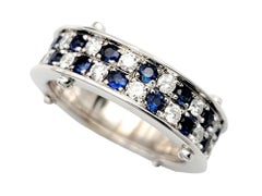 Blue Sapphire & Diamond Multi Row Checkerboard Eternity Band Ring 18K Gold